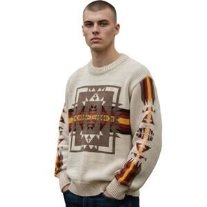 VINTAGE NEW WESTERN AZTEC STYLE PULLOVER SWEATER WOOL JUMPER MEN SIZE MEDIUM